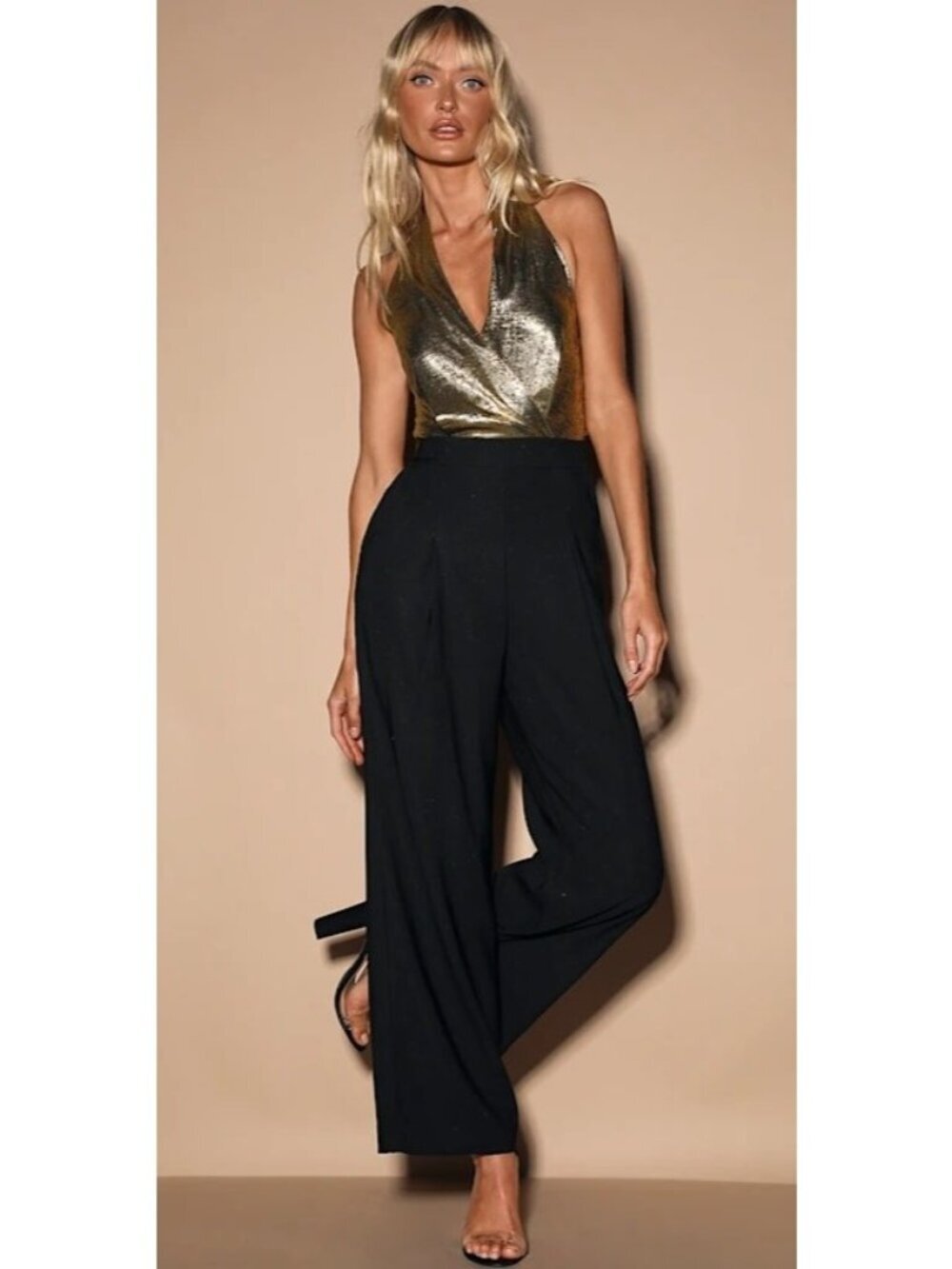 Women's - J.O.A. Warning Shine Metallic Gold & Black Halter Jumpsuit, Size Mediu